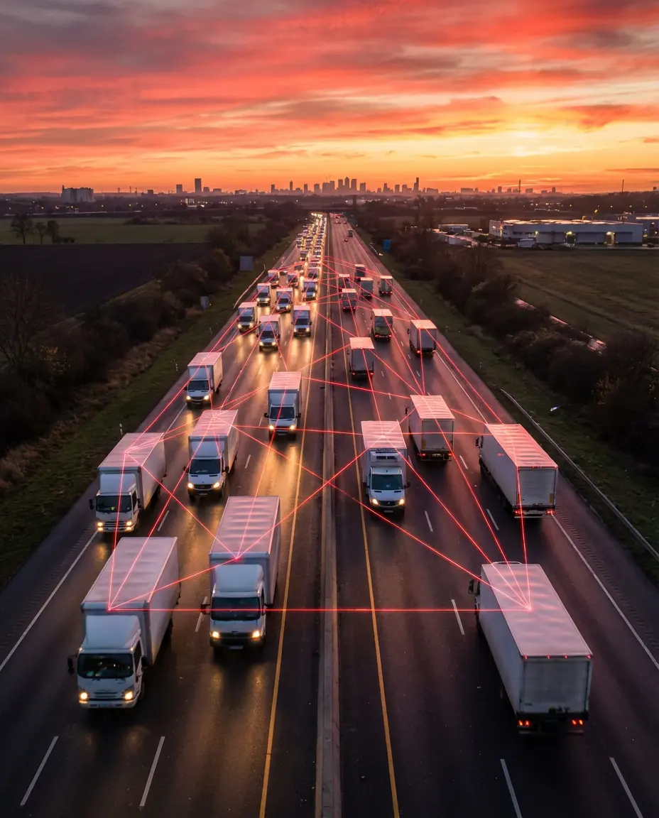 Imagem ilustrativa de uma frota de caminhões em uma rodovia com linhas de rastreamento