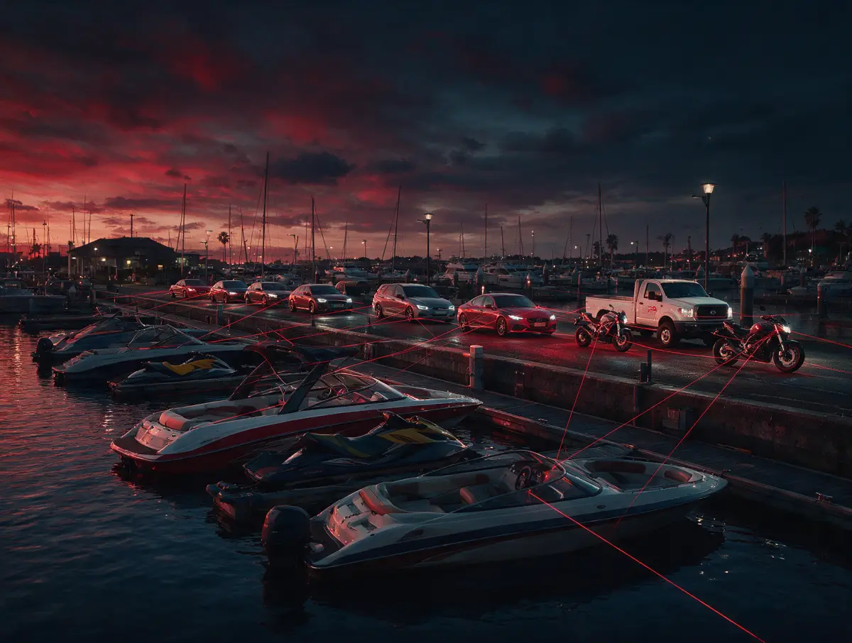 Imagem ilustrativa de lanchas, jet skis, carros, caminhão e motos de uma empresa rastreados