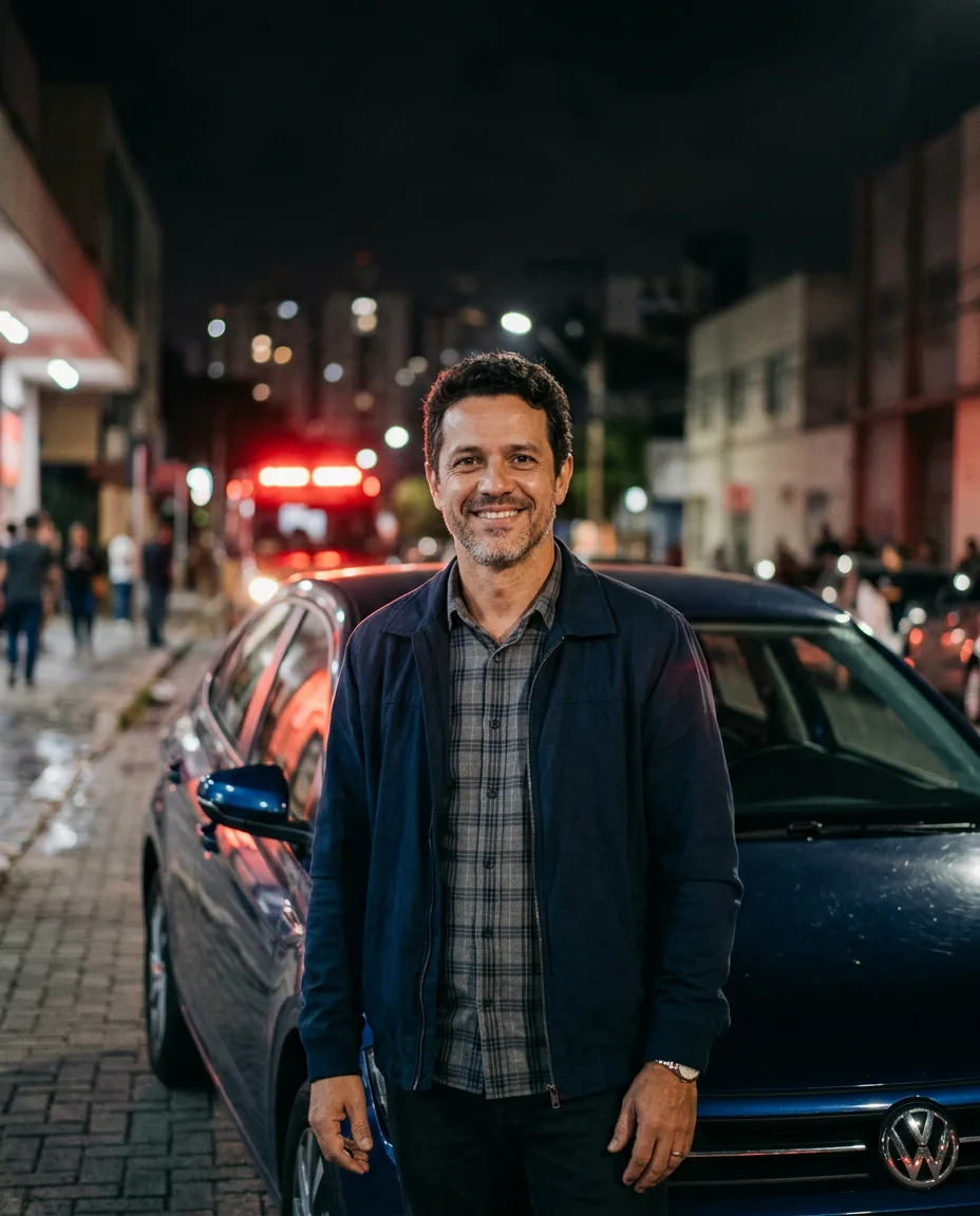 Imagem ilustrativa de um motorista ao lado do seu veículo